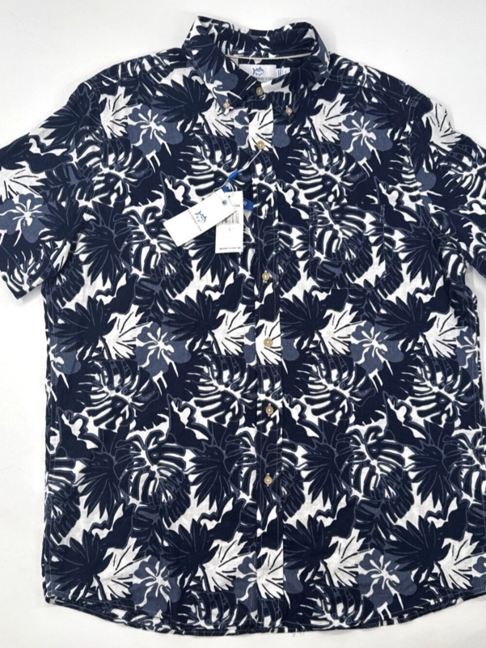 Southern Tide Shirt Mens Large Blue Linen Blend Button Tropical Short Sleeve NEW